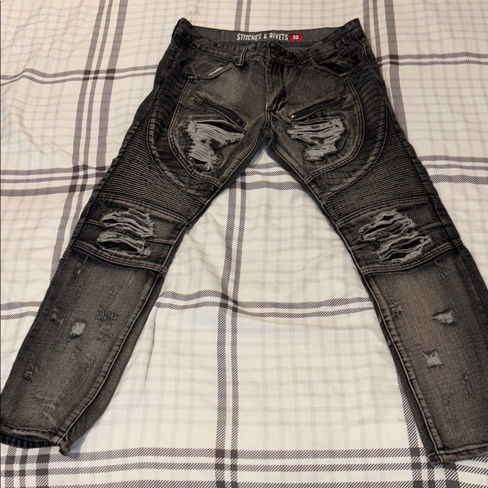 Black Slim Straight Jeans with Distressed Accents stitches& rivets black faded